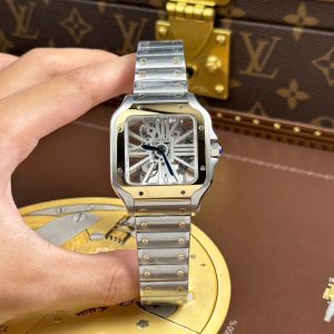 Đồng Hồ Cartier Santos Rep 11 Mặt Lộ Cơ Viền Vàng Dây Kim Loại 39 (1)