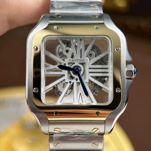 Đồng Hồ Cartier Santos Rep 11 Mặt Lộ Cơ Viền Vàng Dây Kim Loại 39 (1)