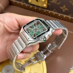 Đồng Hồ Cartier Santos Rep Cao Cấp Mặt Lộ Cơ Cọc Số Màu Xanh Lá Cây 39 (2)