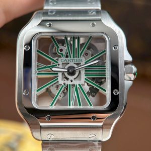 Đồng Hồ Cartier Santos Rep Cao Cấp Mặt Lộ Cơ Cọc Số Màu Xanh Lá Cây 39 (2)