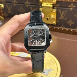 Đồng Hồ Nam Cartier Santos Chế Tác Mặt Số Lộ Cơ Dây Da Màu Đen 39 (2)
