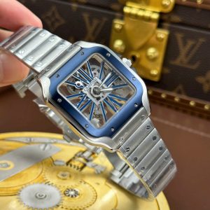 Đồng Hồ Nam Cartier Santos Replica 11 Mặt Lộ Cơ Viền Xanh Dương Dây Kim Loại 39 (2)