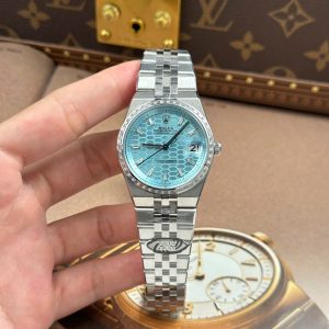 Đồng Hồ Nam Chế Tác Rolex Land-Dweller 127236 Mặt Xanh Băng Họa Tiết Tổ Ong Đính Đá Baguette 36mm (2)