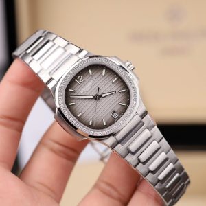 Đồng Hồ Patek Philippe Fake 11 Nautilus 7118 Mặt Xám Viền Đính Đá CZ Xưởng GR 35 (2)