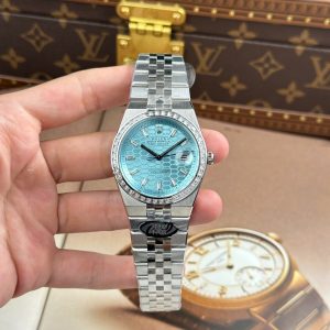 Đồng Hồ Rolex Chế Tác Land-Dweller 127336 Mặt Xanh Băng Họa Tiết Tổ Ong Đính Đá Baguette 40mm (2)