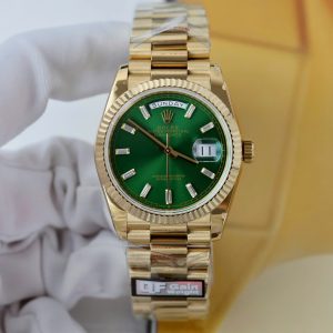 Đồng Hồ Rolex Day-Date Mặt Xanh Lá Cây Chế Tác Mạ Vàng Trọng Lượng 159 Gram Xưởng QF 36mm (2)