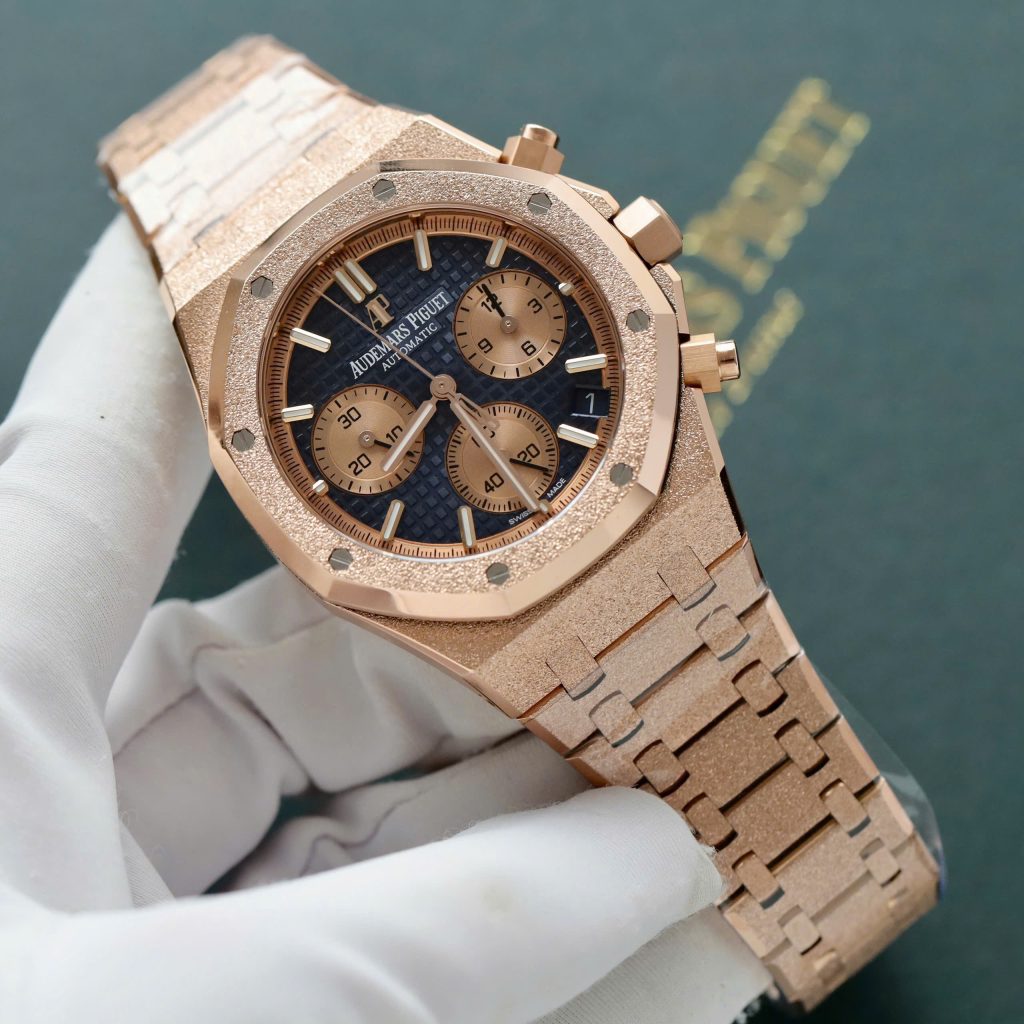 Đồng Hồ Audemars Piguet Chế Tác Royal Oak Chronograph Frosted Gold 26240 Mặt Xanh Dương Xưởng APS 41mm (2)