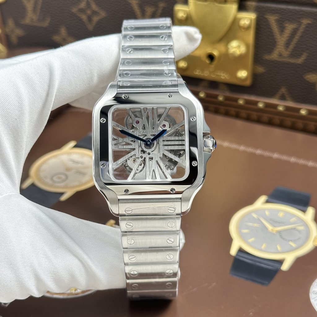 Đồng Hồ Cartier Santos Chế Tác Mặt Lộ Cơ Dây Kim Loại 39 (2)