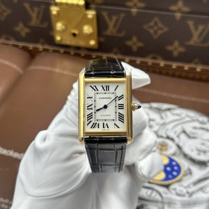 Đồng Hồ Cartier Tank Louis Chế Tác Mặt Trắng Vỏ Mạ Vàng Dây Da Đen 27.8×38 (2)