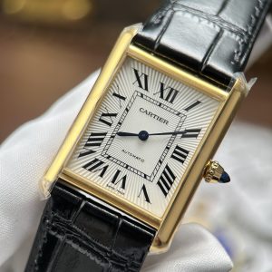 Đồng Hồ Cartier Tank Louis Chế Tác Mặt Trắng Vỏ Mạ Vàng Dây Da Đen 27.8×38 (2)