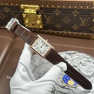 Đồng Hồ Cartier Tank Louis Fake Cao Cấp Mặt Trắng Vỏ Mạ Vàng Hồng Dây Da Nâu 27.8×38 (2)