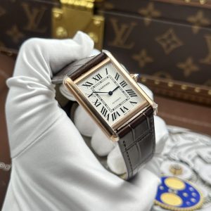 Đồng Hồ Cartier Tank Louis Fake Cao Cấp Mặt Trắng Vỏ Mạ Vàng Hồng Dây Da Nâu 27.8×38 (2)