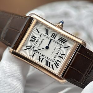 Đồng Hồ Cartier Tank Louis Fake Cao Cấp Mặt Trắng Vỏ Mạ Vàng Hồng Dây Da Nâu 27.8×38 (2)