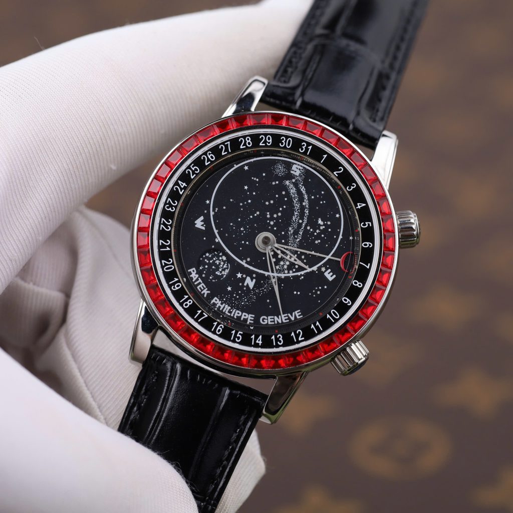 Đồng Hồ Patek Philippe Fake 11 Grand Complications 6104G Màu Đen Viền Đính Đá Đỏ 40mm (2)