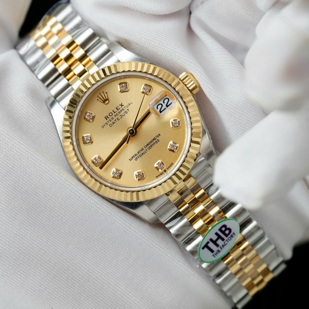 Đồng Hồ Rolex DateJust Nữ Replica 11 Mặt Vàng Máy Cơ Thụy Sỹ Nhà Máy THB 31mm (2)