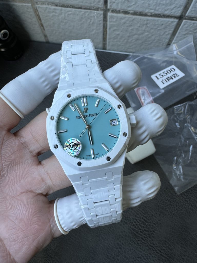 Đồng Hồ Audemars Piguet Chế Tác Royal Oak 15500 Vỏ Gốm Trắng Mặt Tiffany Xưởng APS 41mm (1)
