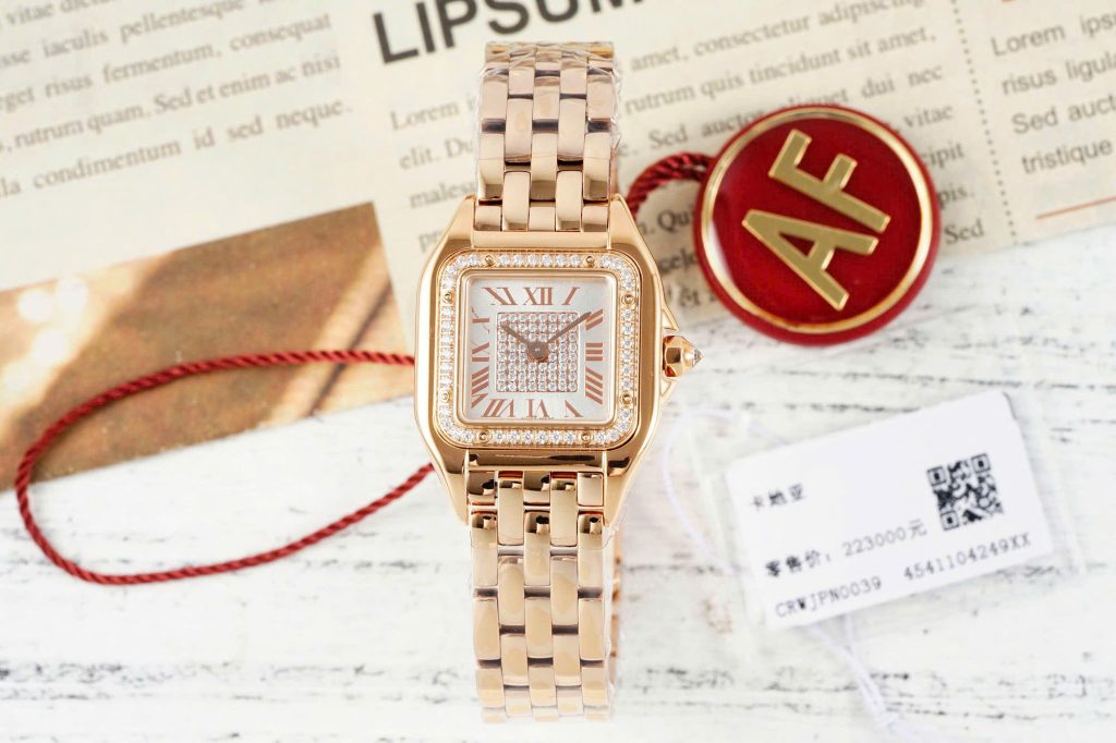 Đồng Hồ Cartier Panthere Replica Cao Cấp Mặt Trắng Vỏ Mạ Vàng Hồng 22x30mm (2)