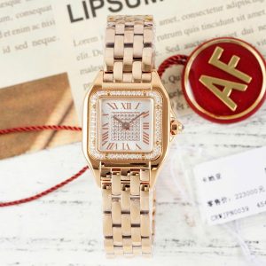 Đồng Hồ Cartier Panthere Replica Cao Cấp Mặt Trắng Vỏ Mạ Vàng Hồng 22x30mm (2)