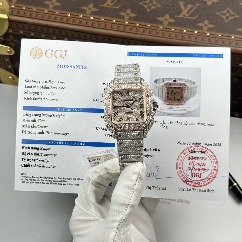 Đồng Hồ Cartier Santos Nam Rep Cao Cấp Nhà Máy Đính Full Moissanite HongKong Mặt Vàng Hồng 39 (2)