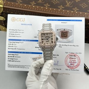 Đồng Hồ Cartier Santos Nam Rep Cao Cấp Nhà Máy Đính Full Moissanite HongKong Mặt Vàng Hồng 39 (2)