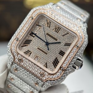 Đồng Hồ Cartier Santos Nam Rep Cao Cấp Nhà Máy Đính Full Moissanite HongKong Mặt Vàng Hồng 39 (2)