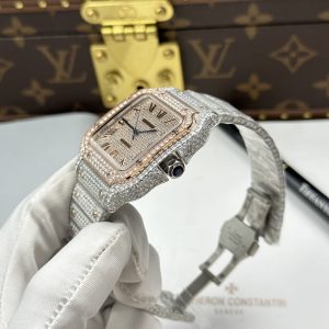 Đồng Hồ Cartier Santos Nam Rep Cao Cấp Nhà Máy Đính Full Moissanite HongKong Mặt Vàng Hồng 39 (2)