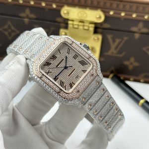 Đồng Hồ Cartier Santos Nam Rep Cao Cấp Nhà Máy Đính Full Moissanite HongKong Mặt Vàng Hồng 39 (2)