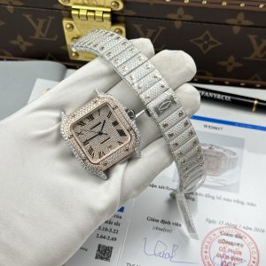 Đồng Hồ Cartier Santos Nam Rep Cao Cấp Nhà Máy Đính Full Moissanite HongKong Mặt Vàng Hồng 39 (2)