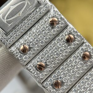 Đồng Hồ Cartier Santos Nam Rep Cao Cấp Nhà Máy Đính Full Moissanite HongKong Mặt Vàng Hồng 39 (2)