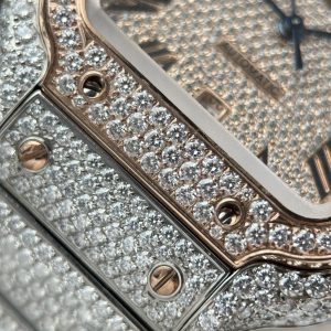 Đồng Hồ Cartier Santos Nam Rep Cao Cấp Nhà Máy Đính Full Moissanite HongKong Mặt Vàng Hồng 39 (2)