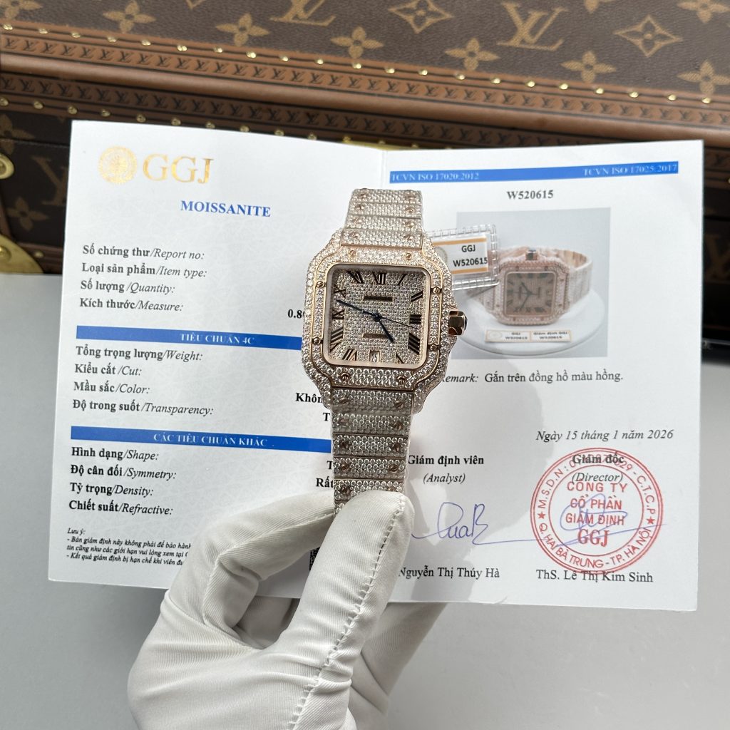 Đồng Hồ Cartier Santos Replica 11 Vỏ Màu Vàng Hồng Nhà Máy Đính Full Moissanite 39 (2)