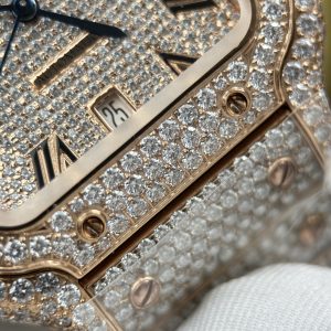 Đồng Hồ Cartier Santos Replica 11 Vỏ Màu Vàng Hồng Nhà Máy Đính Full Moissanite 39 (2)