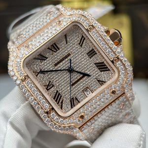 Đồng Hồ Cartier Santos Replica 11 Vỏ Màu Vàng Hồng Nhà Máy Đính Full Moissanite 39 (2)
