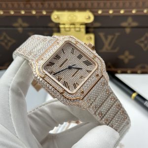 Đồng Hồ Cartier Santos Replica 11 Vỏ Màu Vàng Hồng Nhà Máy Đính Full Moissanite 39 (2)