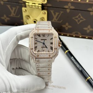 Đồng Hồ Cartier Santos Replica 11 Vỏ Màu Vàng Hồng Nhà Máy Đính Full Moissanite 39 (2)