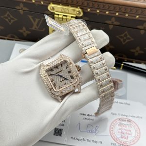Đồng Hồ Cartier Santos Replica 11 Vỏ Màu Vàng Hồng Nhà Máy Đính Full Moissanite 39 (2)