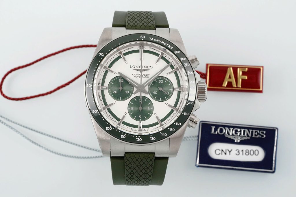 Đồng Hồ Longines Conquest Replica 11 Dây Cao Su Màu Xanh Quân Đội Nhà Máy AF 42mm (2)