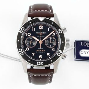 Đồng Hồ Longines Spirit Rep 11 Mặt Đen Dây Da Nâu 42mm (2)