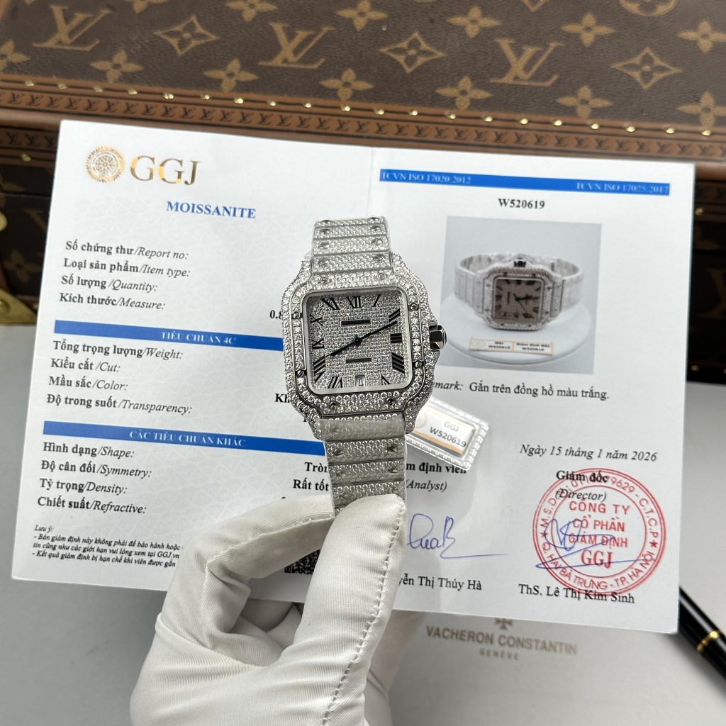 Đồng Hồ Nam Cartier Santos Replica 11 Nhà Máy Đính Full Kim Cương Moissanite 39 (2)