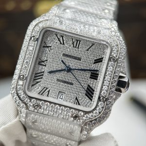 Đồng Hồ Nam Cartier Santos Replica 11 Nhà Máy Đính Full Kim Cương Moissanite 39 (2)
