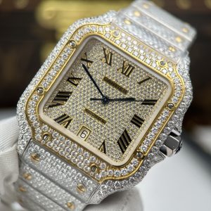 Đồng Hồ Nam Cartier Santos Replica 11 Nhà Máy Đính Full Moissanite Mặt Vàng 39 (2)