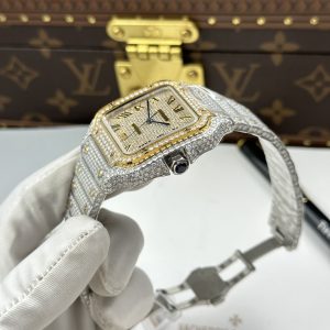 Đồng Hồ Nam Cartier Santos Replica 11 Nhà Máy Đính Full Moissanite Mặt Vàng 39 (2)