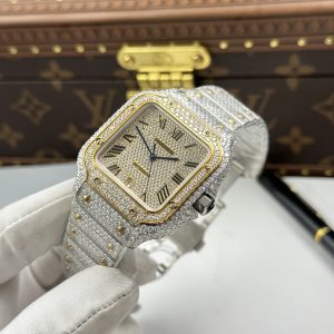 Đồng Hồ Nam Cartier Santos Replica 11 Nhà Máy Đính Full Moissanite Mặt Vàng 39 (2)