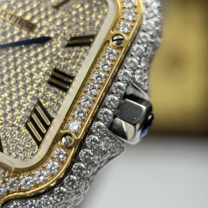 Đồng Hồ Nam Cartier Santos Replica 11 Nhà Máy Đính Full Moissanite Mặt Vàng 39 (2)