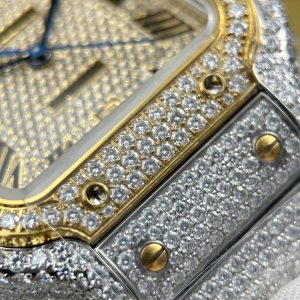 Đồng Hồ Nam Cartier Santos Replica 11 Nhà Máy Đính Full Moissanite Mặt Vàng 39 (2)