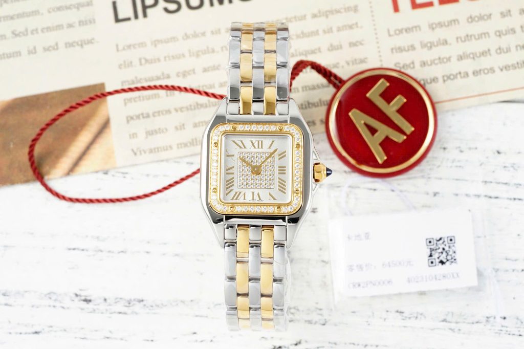 Đồng Hồ Nữ Cartier Panthere Chế Tác Mặt Trắng Viền Đính Đá CZ 22x30mm (2)